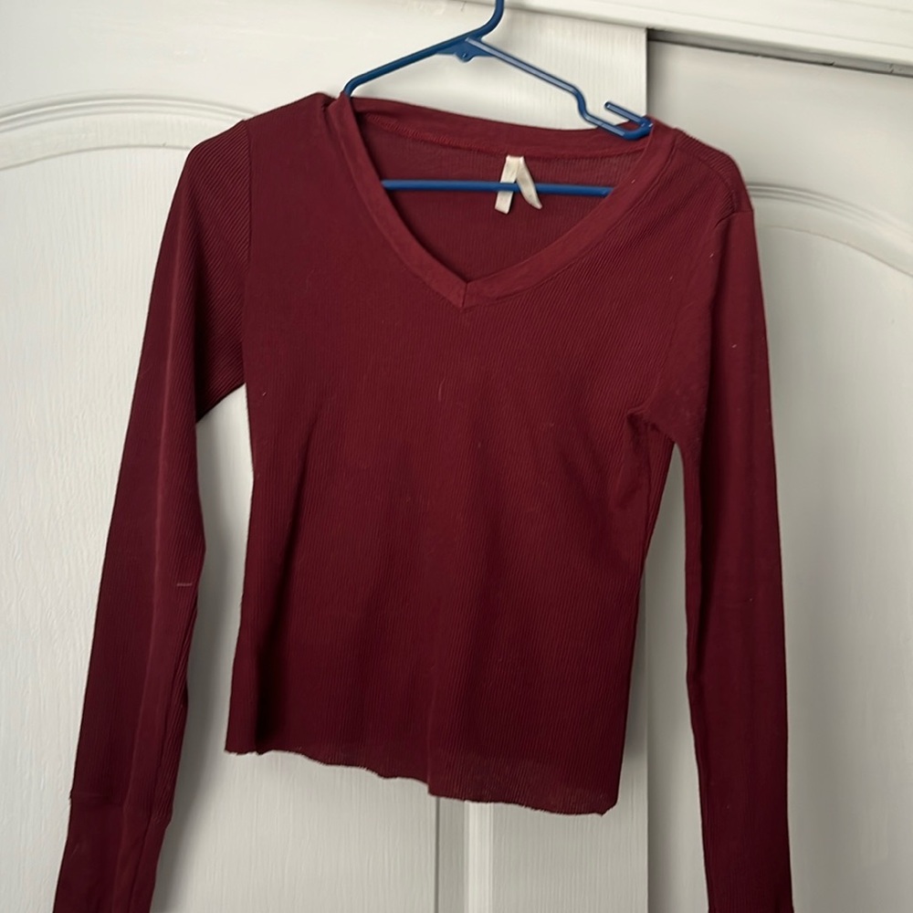Maroon V neck, Cropped long sleeve shirt